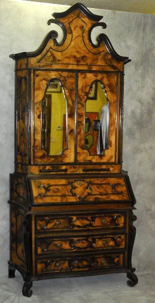 19th c Italian olive wood 2 part secretary desk. H:97": 19th c Italian olive wood 2 part secretary desk. H:97" W:44.25" D:20"