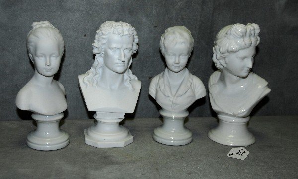 3 parian porcelain and one porcelain bust. H:8": 3 parian porcelain and one porcelain bust. H:8"