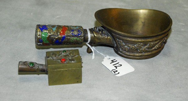 2 Chinese bronze and enamel hot irons.: 2 Chinese bronze and enamel hot irons.