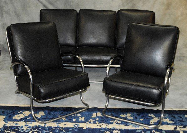 Wolfgang Hoffmann 3 pc Deco salon set: Wolfgang Hoffmann 3 pc Deco salon set with a couch and a pair of chairs designed by Wolfgang Hoffmann for the Howell corp. in 1934. An example of this set was exhibited at the Chicago Worlds Fair. Thi
