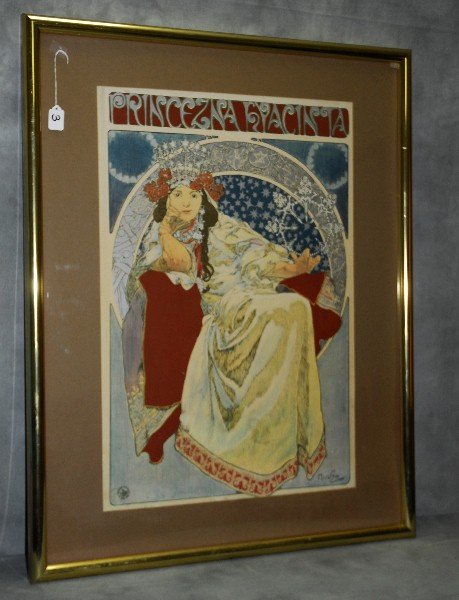 Alphonse Mucha (1860-1939) color enhanced print signed: Alphonse Mucha (1860-1939) color enhanced print signed and with seal. Site size H:30.75" W:21"