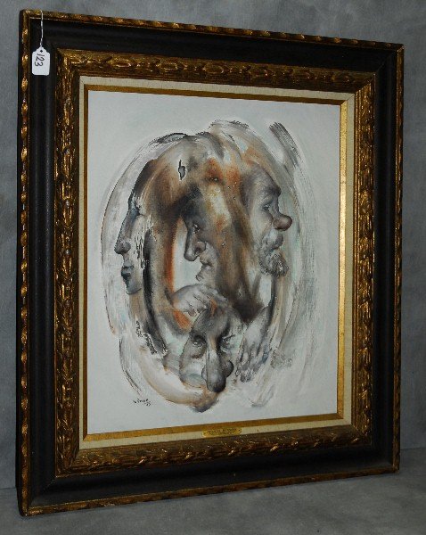 Mario Russo (Italian 1925-2000) oil on canvas signed: Mario Russo (Italian 1925-2000) oil on canvas signed lower left and dated 67' Titled "Maschere". Site size H:23.75" W:19.5"