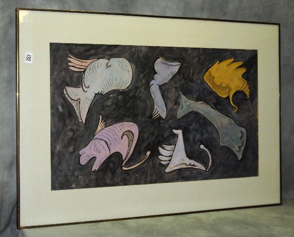 Wilfredo Lam (Cuban 1902-1982) Mixed media on paper of: Wilfredo Lam (Cuban 1902-1982) Mixed media on paper of abstract scene titled and and signed lower left. Site size H:20.75" W:35"