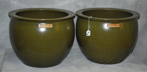 Pair Chinese teaglazed fish bowls , signed. H:15.25": Pair Chinese teaglazed fish bowls , signed. H:15.25" D:20.25"