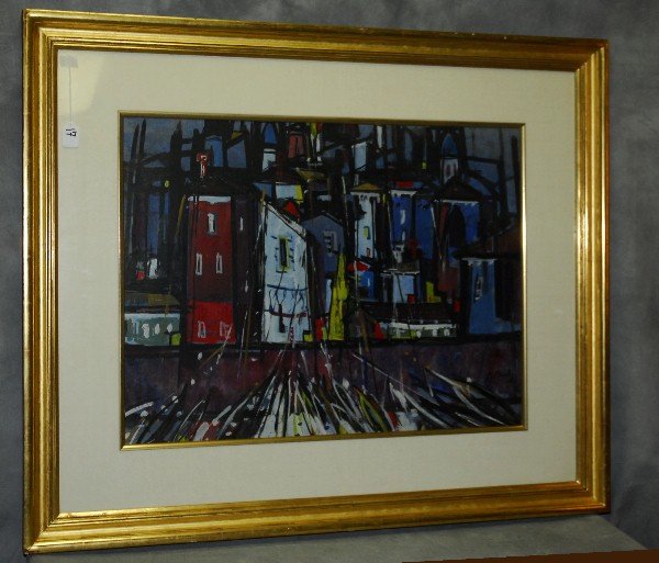 Marcel Mouly (French 1918-2008) Acrylic painting titled: Marcel Mouly (French 1918-2008) Acrylic painting titled " Trois Mats a Donkerque , France" signed lower right . Site size H:22.5" W:30"