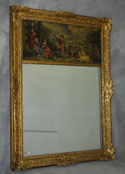 Antique carved giltwood trumeau mirror. H:56.5" W:40.5": Antique carved giltwood trumeau mirror. H:56.5" W:40.5"