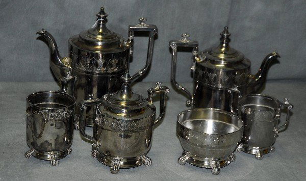 6 piece silver plate coffee and tea set.: 6 piece silver plate coffee and tea set.