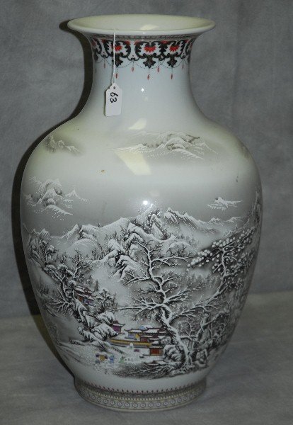 Chinese porcelain painted vase with snow scene and: Chinese porcelain painted vase with snow scene and caligraphy on back and marks on bottom. H:22.5"