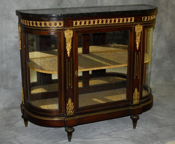 19th C Bronze mounted demilune shape marble top glass: 19th C Bronze mounted demilune shape marble top glass front chest. H:45" L:53.5" D:18.25"
