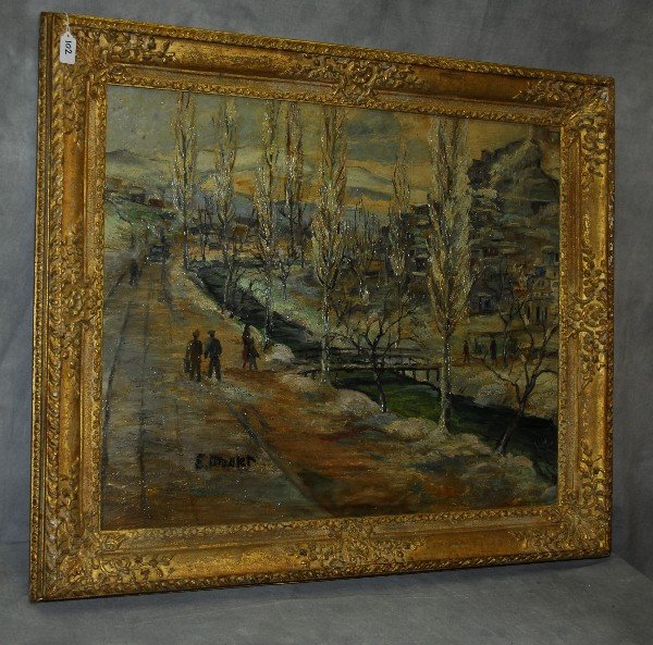Elisee Maclet (French, 1881-1962) oil on board village: Elisee Maclet (French, 1881-1962) oil on board village park scene .signed lower left . Site size H:26.5" W:31.25"