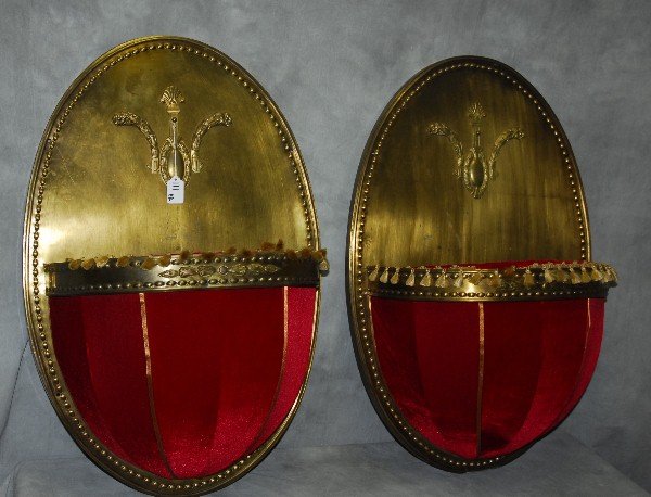 Pair bronze and velvet theater wall lights. H:30": Pair bronze and velvet theater wall lights. H:30" W:19.5" D:8"
