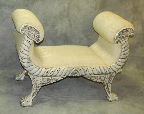 Italian carved and painted wood window bench. H:32": Italian carved and painted wood window bench. H:32" L:43" D:21"
