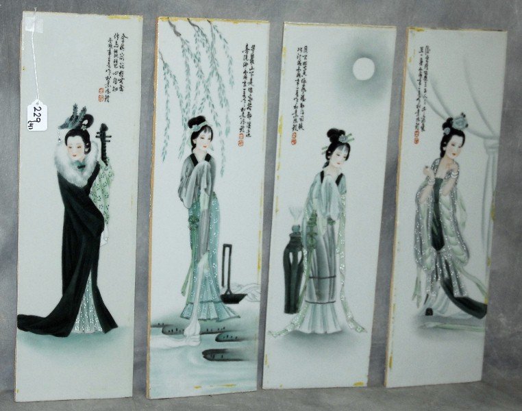 4 Chinese porcelain plaques all signed on top. H:22": 4 Chinese porcelain plaques all signed on top. H:22" W:6.75"