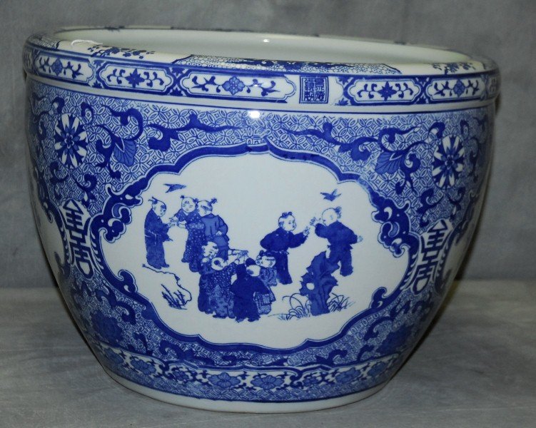 Chinese porcelain fish bowl. H:15" D:21": Chinese porcelain fish bowl. H:15" D:21"