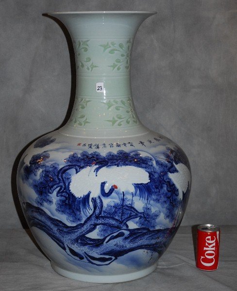 Large Chinese export porcelain vase: Large Chinese export blue and white and celedon porcelain vase with calligraphy on neck. H: 28"