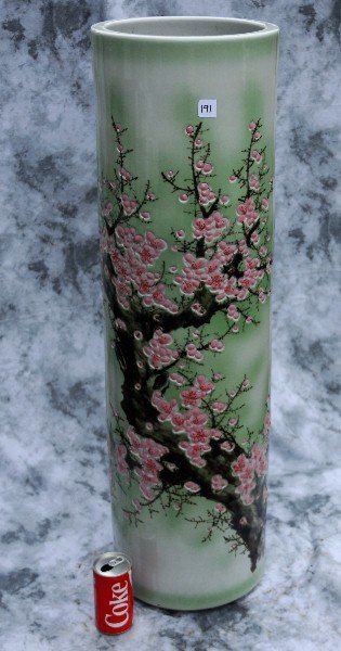 Large Chinese celadon porcelain vase: Large Chinese celadon porcelain vase with calligraphy. H:38.5" D:11"