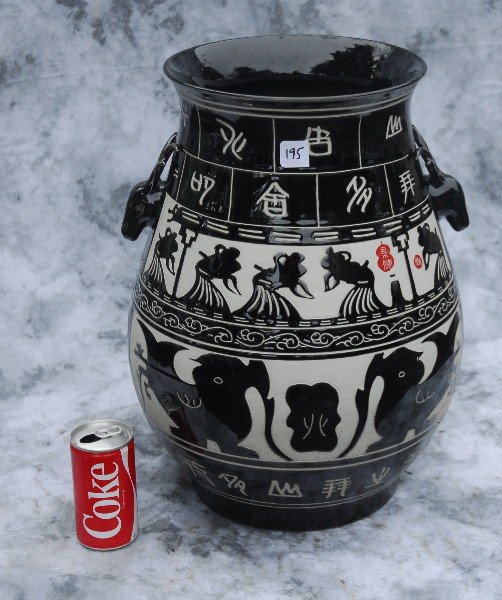 Chinese porcelain vase with figural deer handles: Chinese porcelain vase with figural deer handles and red seals. H:20"