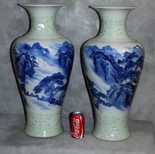Lg pair Chinese blue and white porcelain vases: Lg pair Chinese blue and white porcelain vases with celadon, signed. H:26"