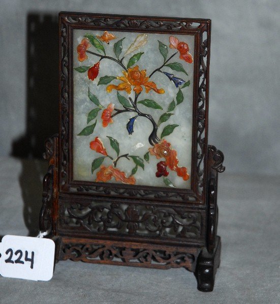 19th C Chinese jade and other hardstone table screen: 19th C Chinese jade and other hardstone table screen. H:7" W:5"
