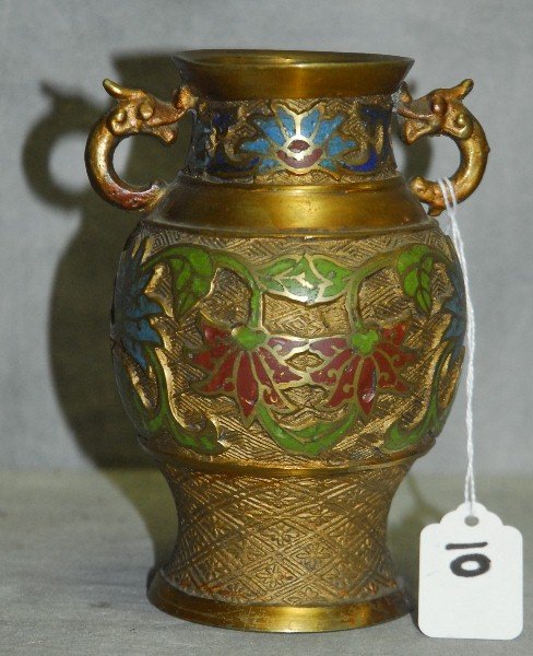 Japanese bronze and enamel 2 handle vase. H:6": Japanese bronze and enamel 2 handle vase. H:6"