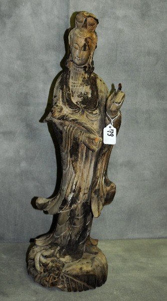 Large 18/19th C Chinese carved wood quan yin figure.: Large 18/19th C Chinese carved wood quan yin figure. H:24"