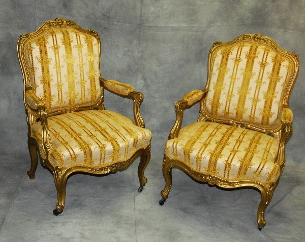 Pair 19th C giltwood upholstered arm chairs. H:40": Pair 19th C giltwood upholstered arm chairs. H:40" W:27" D:24"