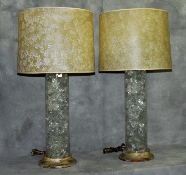 Pair of mid century rock crystal column form table: Pair of mid century rock crystal column form table lamps with original shades. Height without shade 26.5" with shade 33"