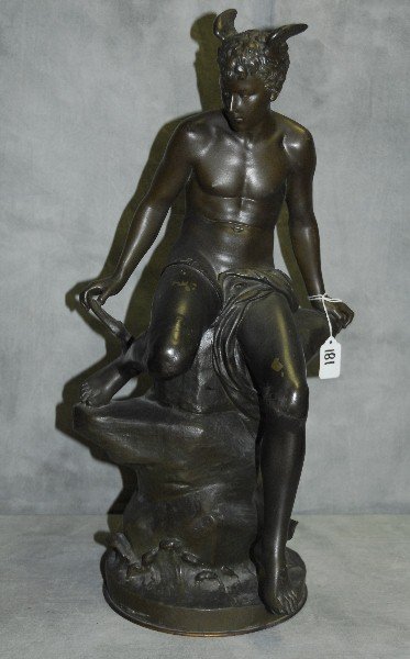 Bronzed figure of seated Mercury, signed: Bronzed figure of seated Mercury, signed "BOURET". H:24"