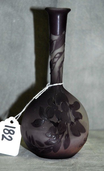 Signed purple art glass vase , signed on side Galle: Signed purple art glass vase , signed on side Galle. H:6.75"
