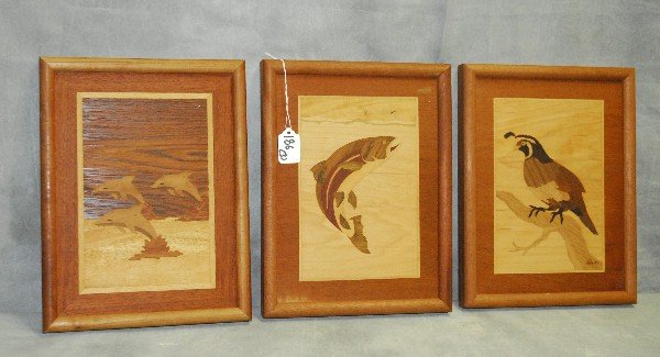 Three inlaid wood plaques: Three inlaid wood plaques. H:13" W:9.75"
