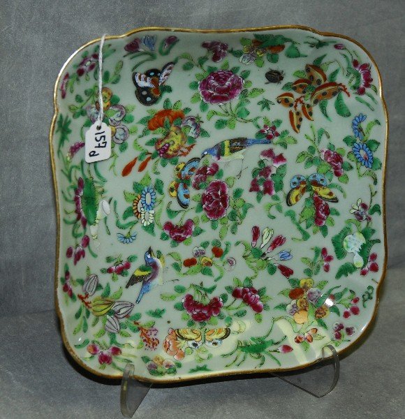 19th C Chinese celedon porcelain plate with enamel: 19th C Chinese square form celedon porcelain plate with enamel decoration. H:9" W:9"