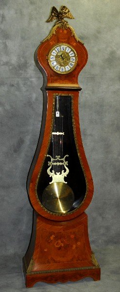 Bronze mounted inlaid tall case clock. H:87" W:21": Bronze mounted inlaid tall case clock. H:87" W:21" D:10"