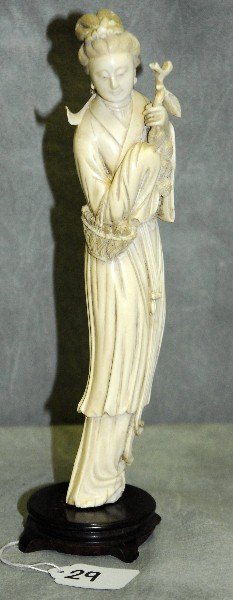 19th C chinese ivory figure of a woman on a wood base.: 19th C chinese ivory figure of a woman on a wood base. H:11.5"