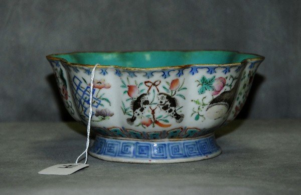 Antique Chinese porcelain bowl with red seal mark on: Antique Chinese porcelain bowl with red seal mark on bottom and engraved lettering besideseal. H:3.25" D:7"