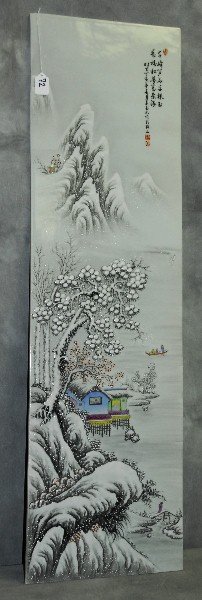 Chinese porcelain plaque of snow scene with caligraphy: Chinese porcelain plaque of snow scene with caligraphy upper right. H:44.25" W:12.75"