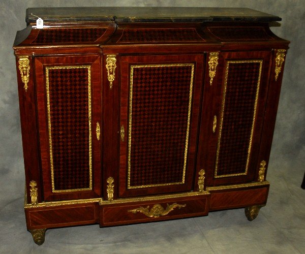 Bronze mounted marble top inlaid cabinet: Bronze mounted marble top inlaid cabinet. H:46" W:51" D:16.5"