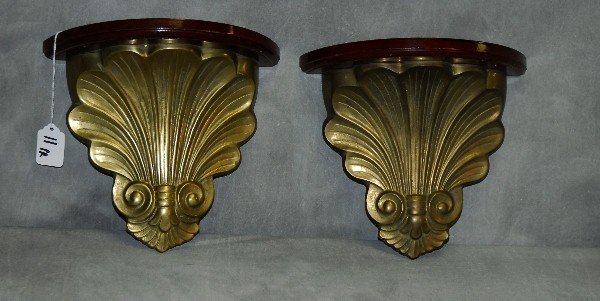 Pair Bronze And Wood Wall Brackets. H:8.5" W:9.5": Pair Bronze And Wood Wall Brackets. H:8.5" W:9.5"