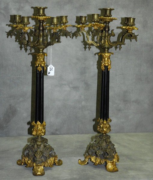 Pair Antique Bronze 6 Light Candleabras. H:26": Pair Antique Bronze 6 Light Candleabras. H:26"
