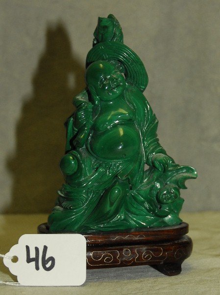 Chinese Malachite figural group on wood stand. H:6": Chinese Malachite figural group on wood stand. H:6" W:3.75"