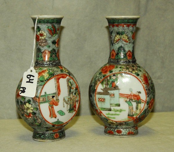 Pair Chinese Famille verte porcelain vases. H:7.5": Pair Chinese Famille verte porcelain vases. H:7.5"