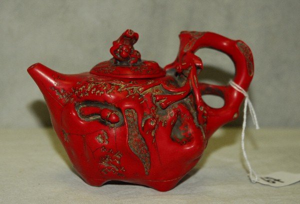 Chinese coral design teapot signed on bottom. H:4" W:6": Chinese coral design teapot signed on bottom. H:4" W:6"