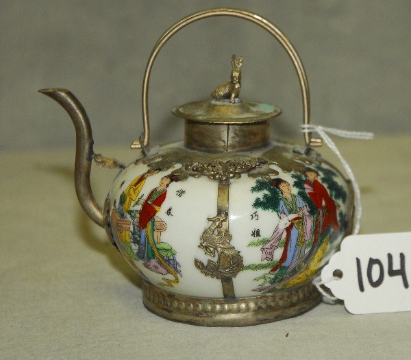 Chinese silver and porcelain teapot. H:4" W:4.25": Chinese silver and porcelain teapot. H:4" W:4.25"