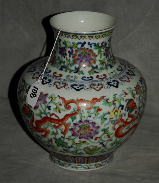 Chinese Ducai porcelain vase with blue seal mark on: Chinese Ducai porcelain vase with blue seal mark on bottom. H:9.75" D:8.5"