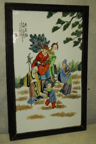 Large antique Chinese porcelain framed plaque with: Large antique Chinese porcelain framed plaque with caligraphy and seal marks. Overall size H:32" W:20"