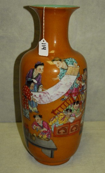 Antique Chinese porcelain vase with rust color: Antique Chinese porcelain vase with rust color backround and red seal mark on bottom. H:18.25"