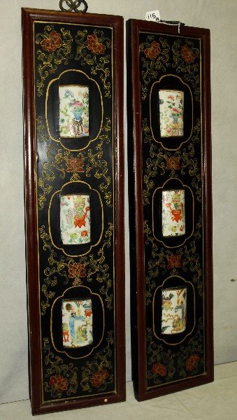 Pair Antique Chinese porcelain and laquered wood: Pair Antique Chinese porcelain and laquered wood plaques. H:39.25" W:9.75"