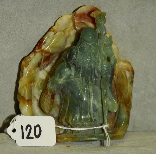 Chinese Jade carved boulder of sage. H:5.25" W:4.75": Chinese Jade carved boulder of sage. H:5.25" W:4.75"