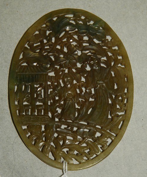 Chinese antique jade plaque carved of figures and: Chinese antique jade plaque carved of figures and foliage. H:4.25" W:3.25"