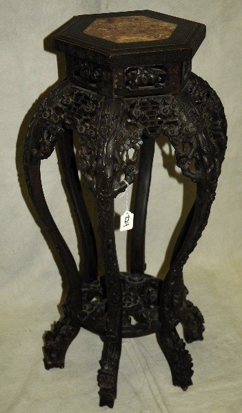 Chinese 19th C six leg carved hardwood marble top: Chinese 19th C six leg carved hardwood marble top table. H:32" D:18"