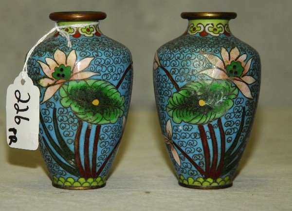 Pair Chinese antique cloisonne vases. H:4.25": Pair Chinese antique cloisonne vases. H:4.25"